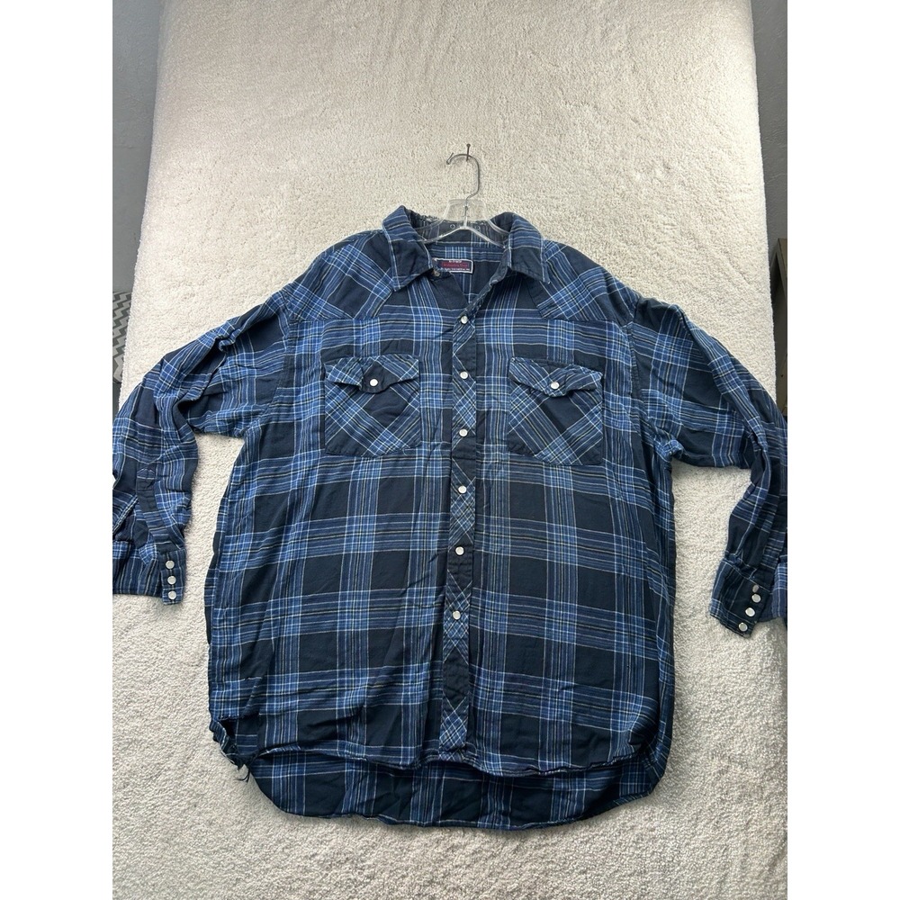 Williams Bay Mens 2XL Flannel‎ Pearl Snap Long Sleeve Blue Plaid Cotton Shirt